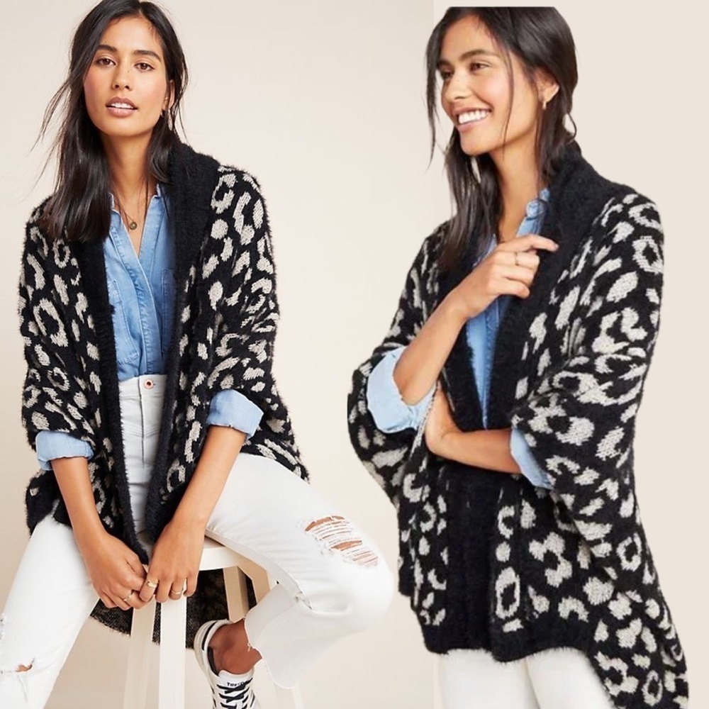 Anthropologie Louise Leopard Wrap Black Fuzzy Soft Cardigan Poncho Oversized OS